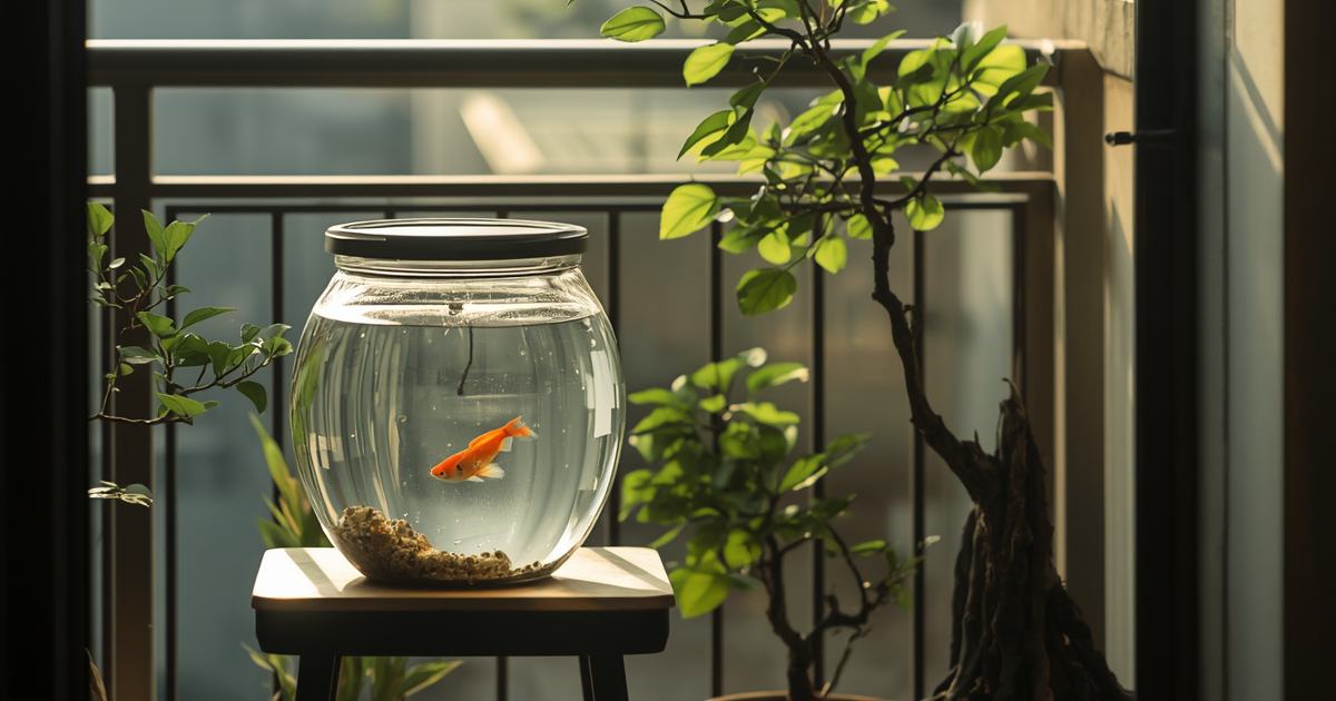 朝のベランダの金魚鉢と観葉植物